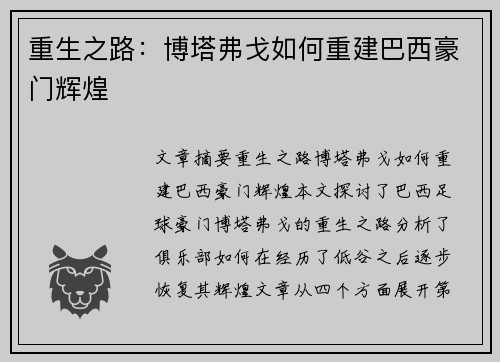 重生之路：博塔弗戈如何重建巴西豪门辉煌